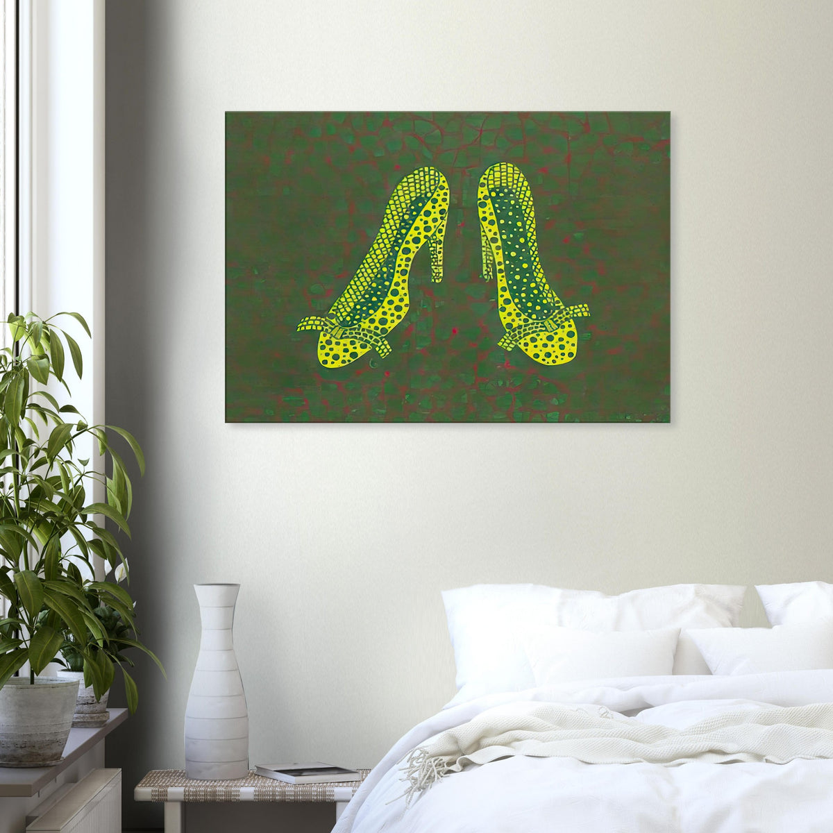 Yayoi Kusama canvas print — High Heels (3) makes a fashion accessory the protagonist of a Kusama print