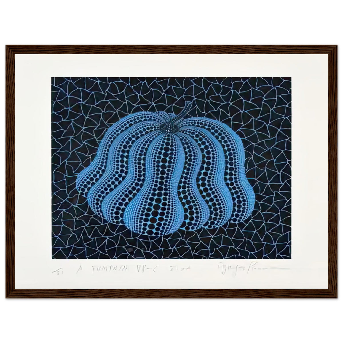 Yayoi Kusama framed print — Pumpkin (BB-C) [Kusama 330] revisits Kusama’s best-known vegetable through the relationship between its distinctive form and repeating ornament, dark wood frame, 30x40 cm / 12x16″