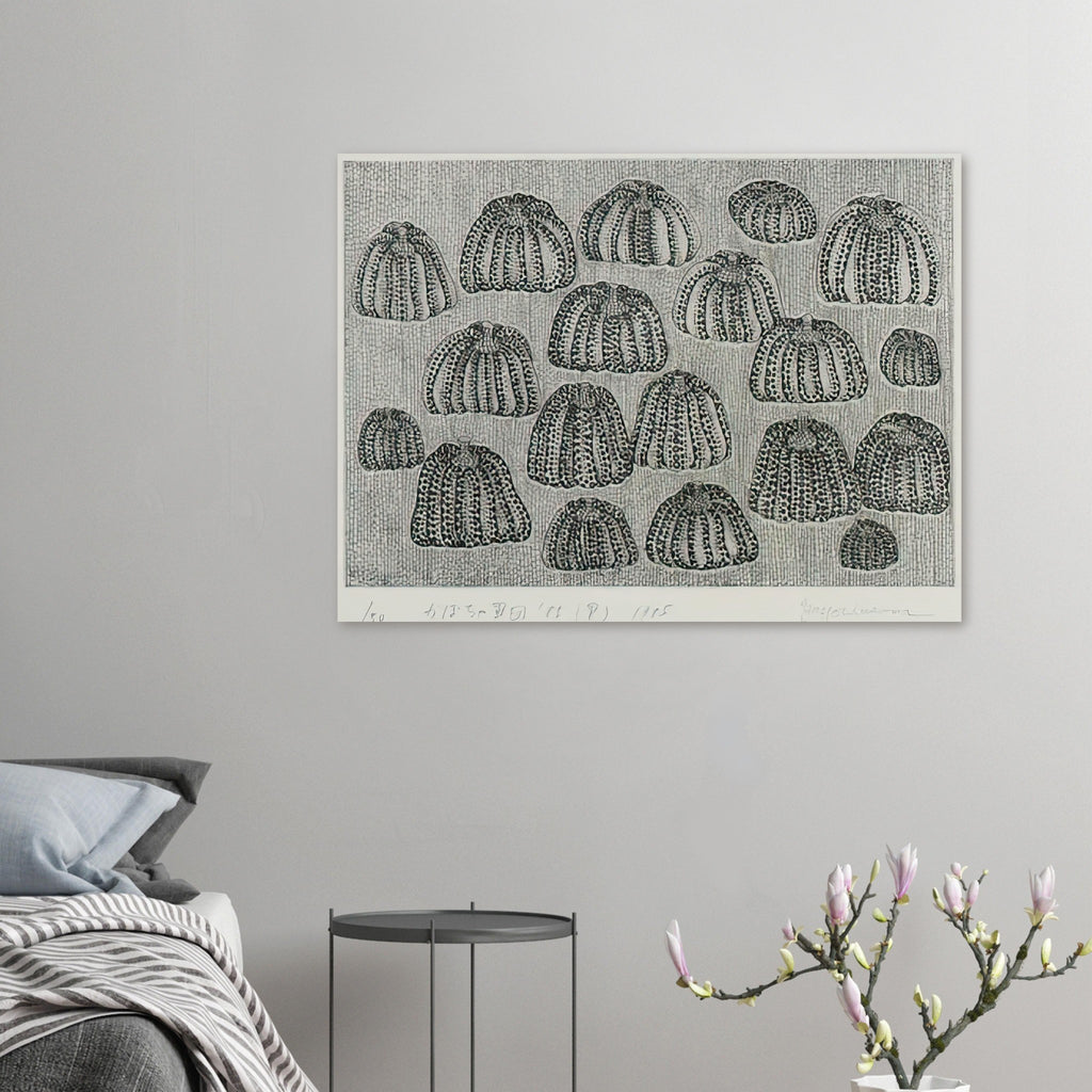 Yayoi Kusama poster — Pumpkin Army (black and white) turns a single familiar vegetable into a collective presence