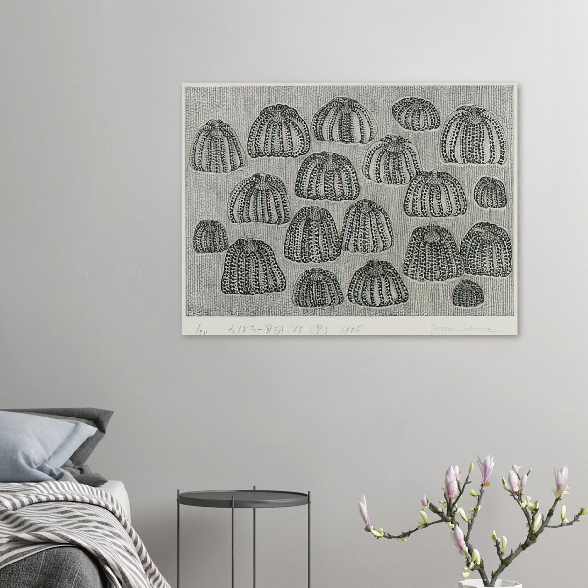 Yayoi Kusama poster — Pumpkin Army (black and white) turns a single familiar vegetable into a collective presence