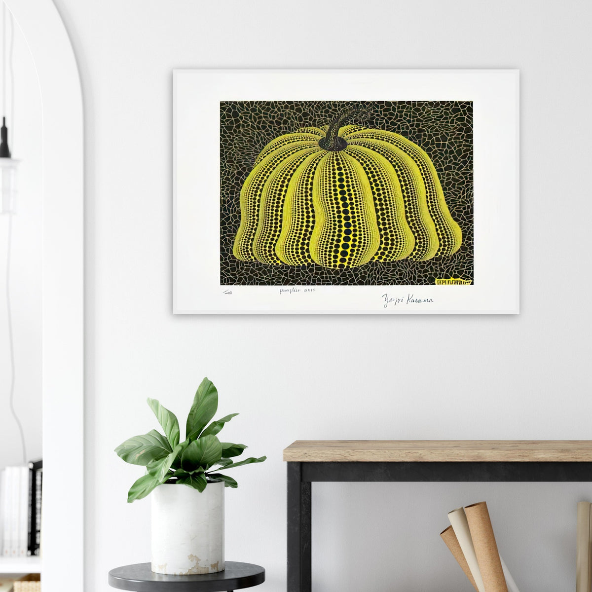 Yayoi Kusama framed print — Pumpkin 2000 (Yellow) uses a yellow treatment to reinterpret one of Kusama’s most affectionate subjects