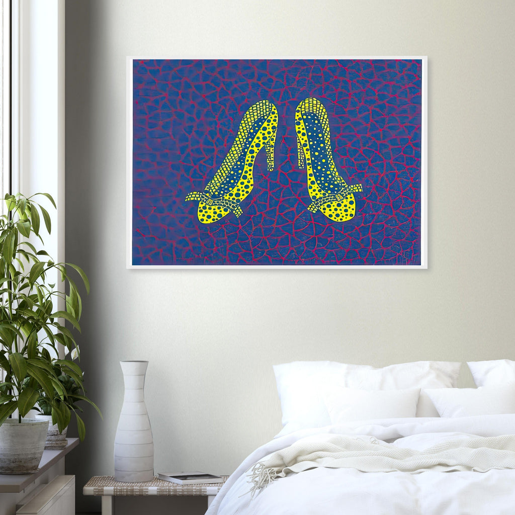 Yayoi Kusama framed print of High Heels (4) — high Heels (4) makes a fashion accessory the protagonist of a Kusama print. The shoe’s recognizable sculptural profile becomes an invitation to think about style, performance and the surprising visual life