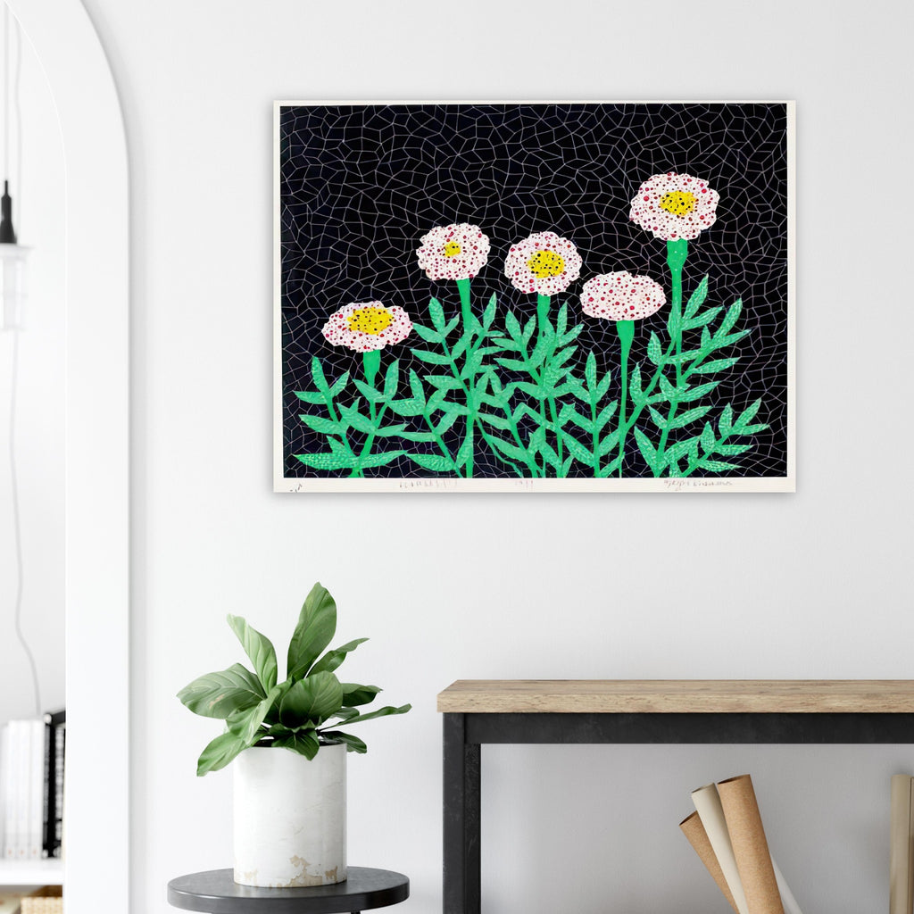 Yayoi Kusama poster — Flowers 1 places blooming forms at the center of the composition