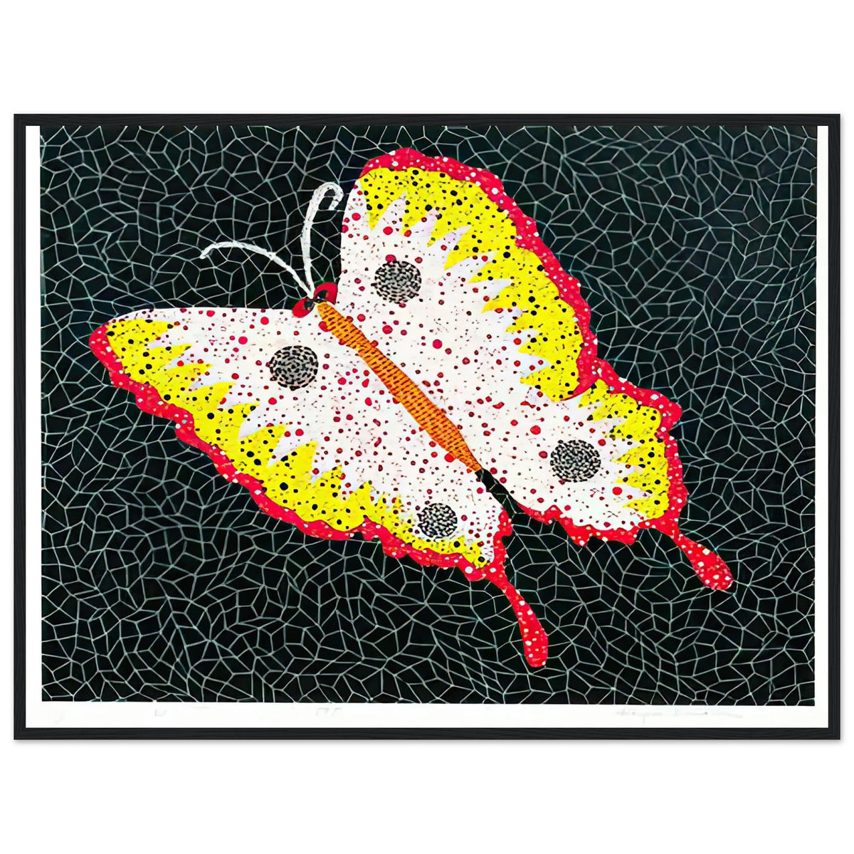 Yayoi Kusama framed print — Butterfly [Kusama 81] by Yayoi Kusama takes the lightness of a butterfly and gives it graphic intensity through pattern, black frame, 60x80 cm / 24x32″
