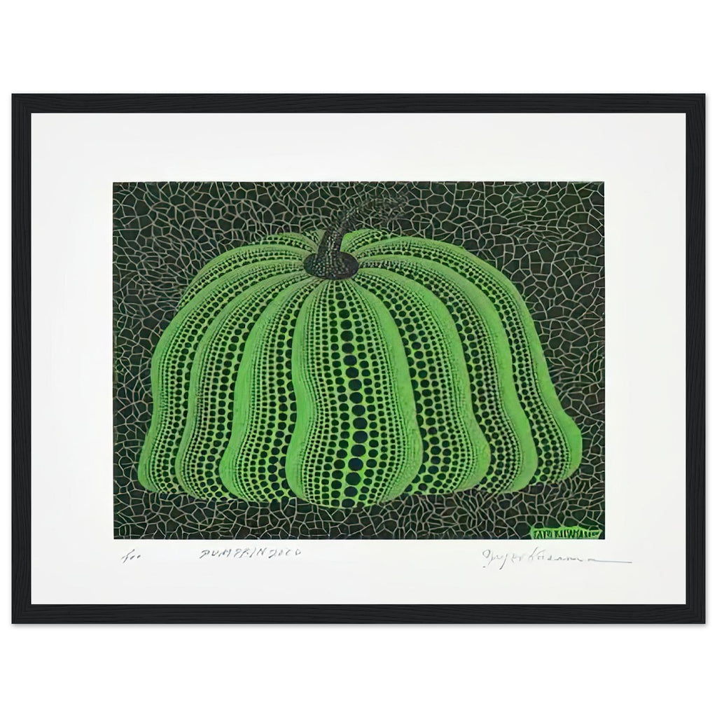 Yayoi Kusama framed print — Pumpkin 2000 (Green) uses a green treatment to reinterpret one of Kusama’s most affectionate subjects
