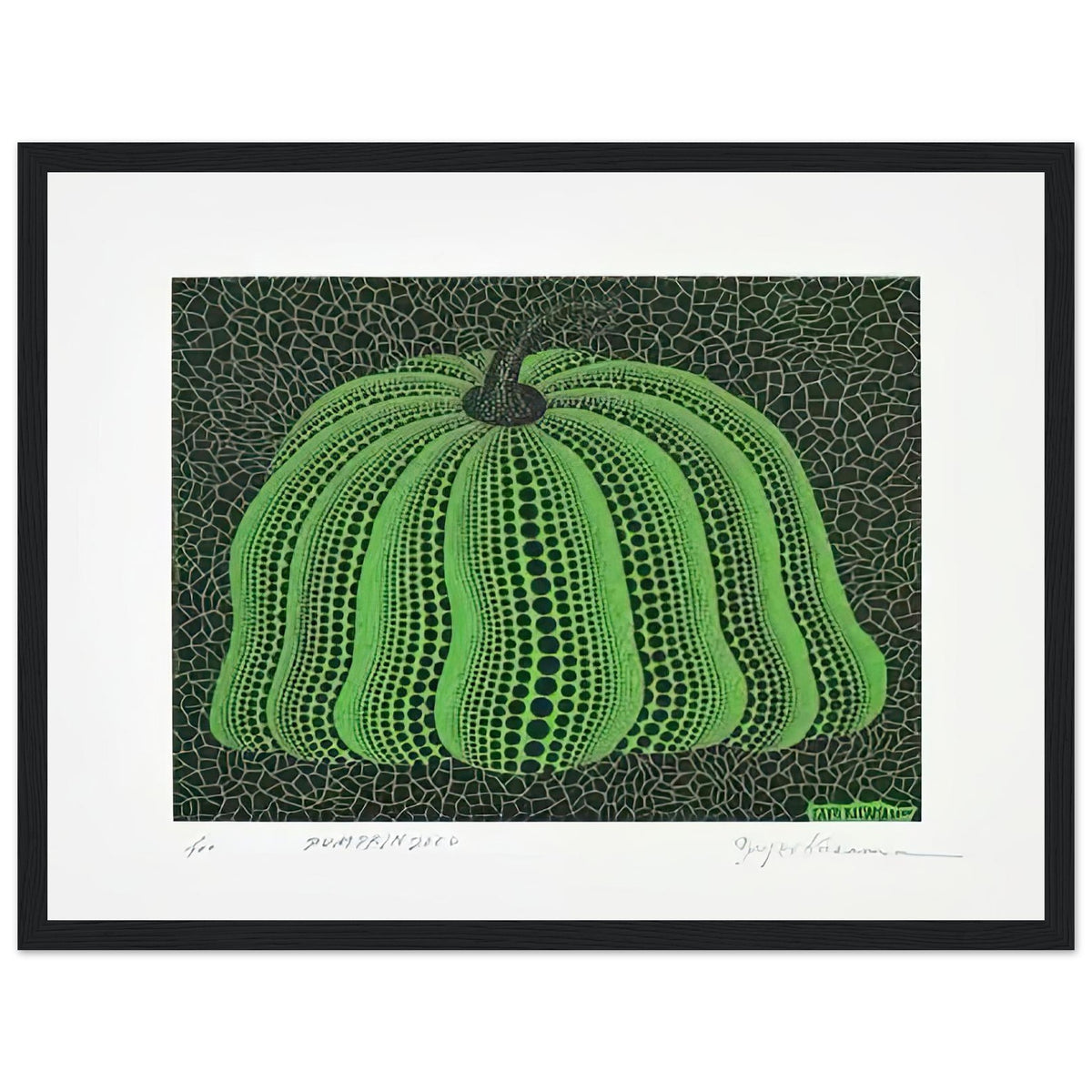 Yayoi Kusama framed print — Pumpkin 2000 (Green) uses a green treatment to reinterpret one of Kusama’s most affectionate subjects