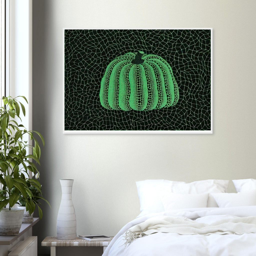 Yayoi Kusama framed print — Pumpkin (Green, Version 2) presents Kusama’s familiar pumpkin through an explicitly green variation