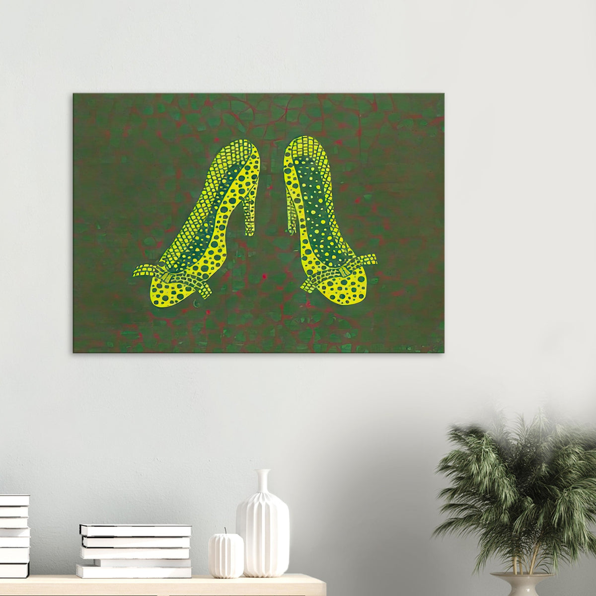 Yayoi Kusama canvas print — High Heels (3) makes a fashion accessory the protagonist of a Kusama print