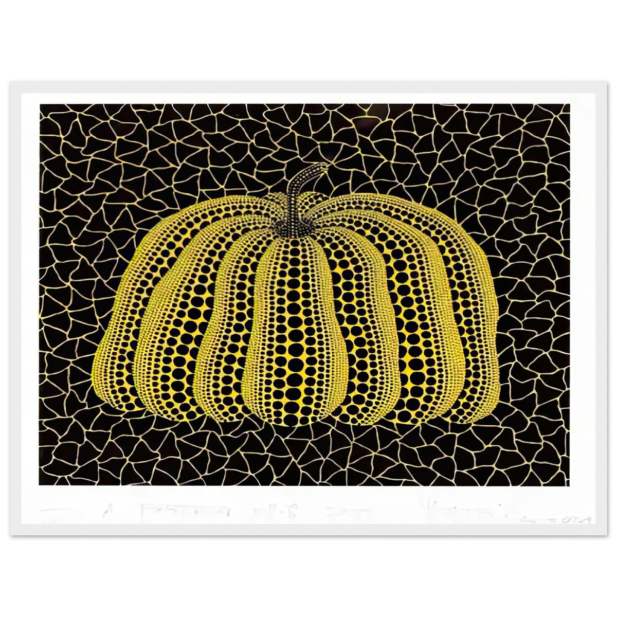 Yayoi Kusama framed print — Pumpkin (YB-B) [Kusama 327] revisits Kusama’s best-known vegetable through the relationship between its distinctive form and repeating ornament, white frame, 45x60 cm / 18x24″