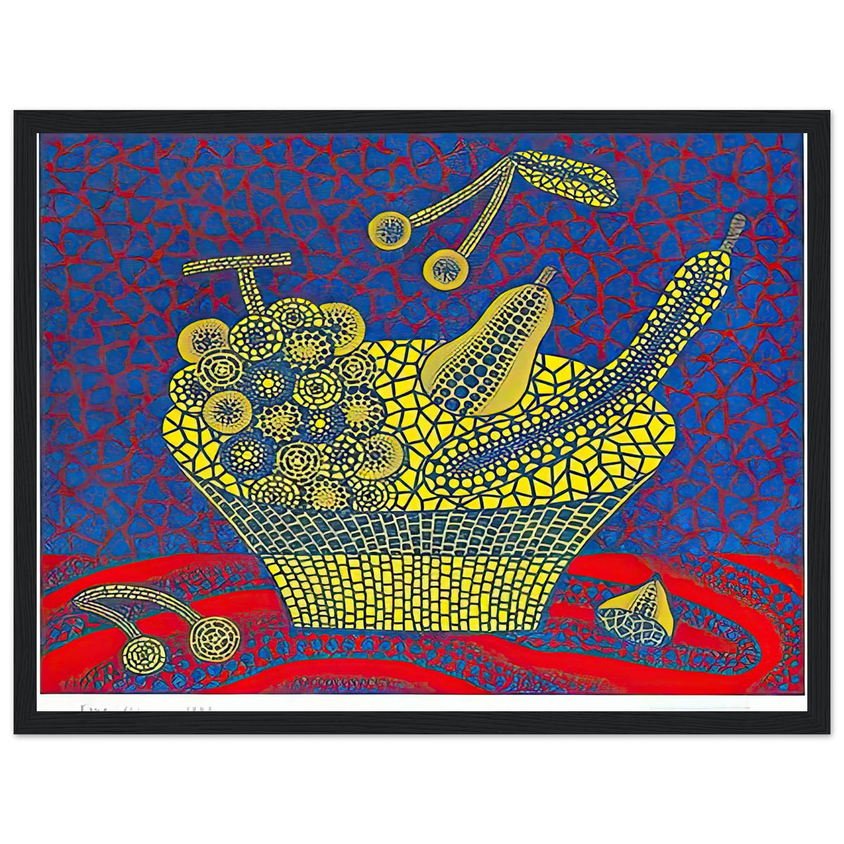 Yayoi Kusama framed print — Fruit Basket (1) by Yayoi Kusama explores one of the artist’s recurring subjects: the abundance of ordinary fruit, black frame, 30x40 cm / 12x16″