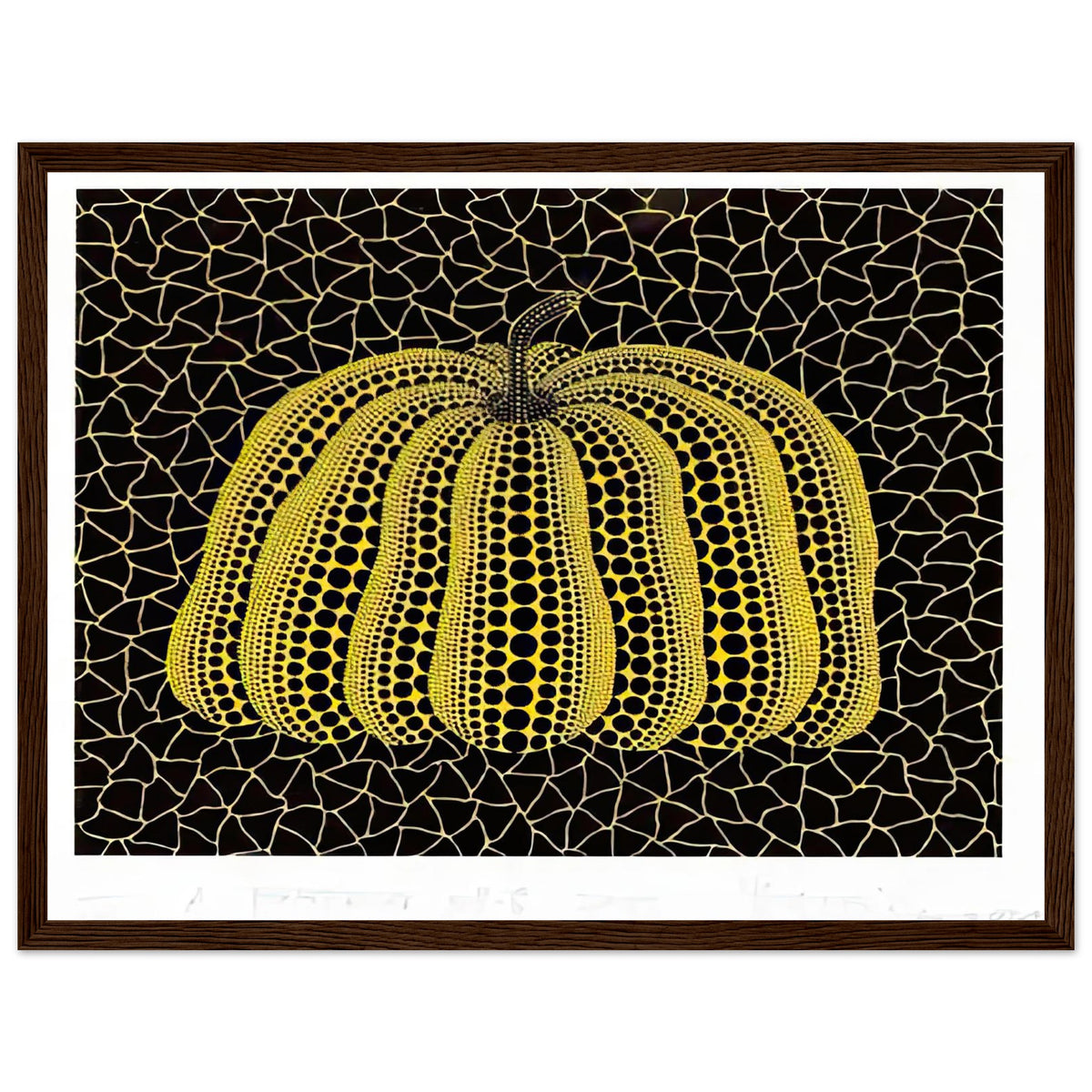 Yayoi Kusama framed print — Pumpkin (YB-B) [Kusama 327] revisits Kusama’s best-known vegetable through the relationship between its distinctive form and repeating ornament, dark wood frame, 30x40 cm / 12x16″