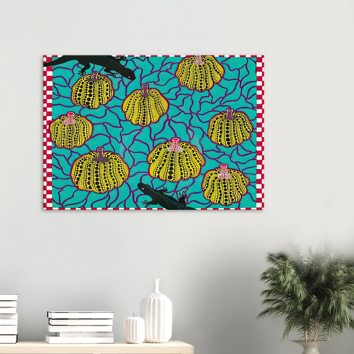 Yayoi Kusama canvas print — Black Lizards introduces a less familiar animal motif into Kusama’s vocabulary of living creatures and repeating patterns