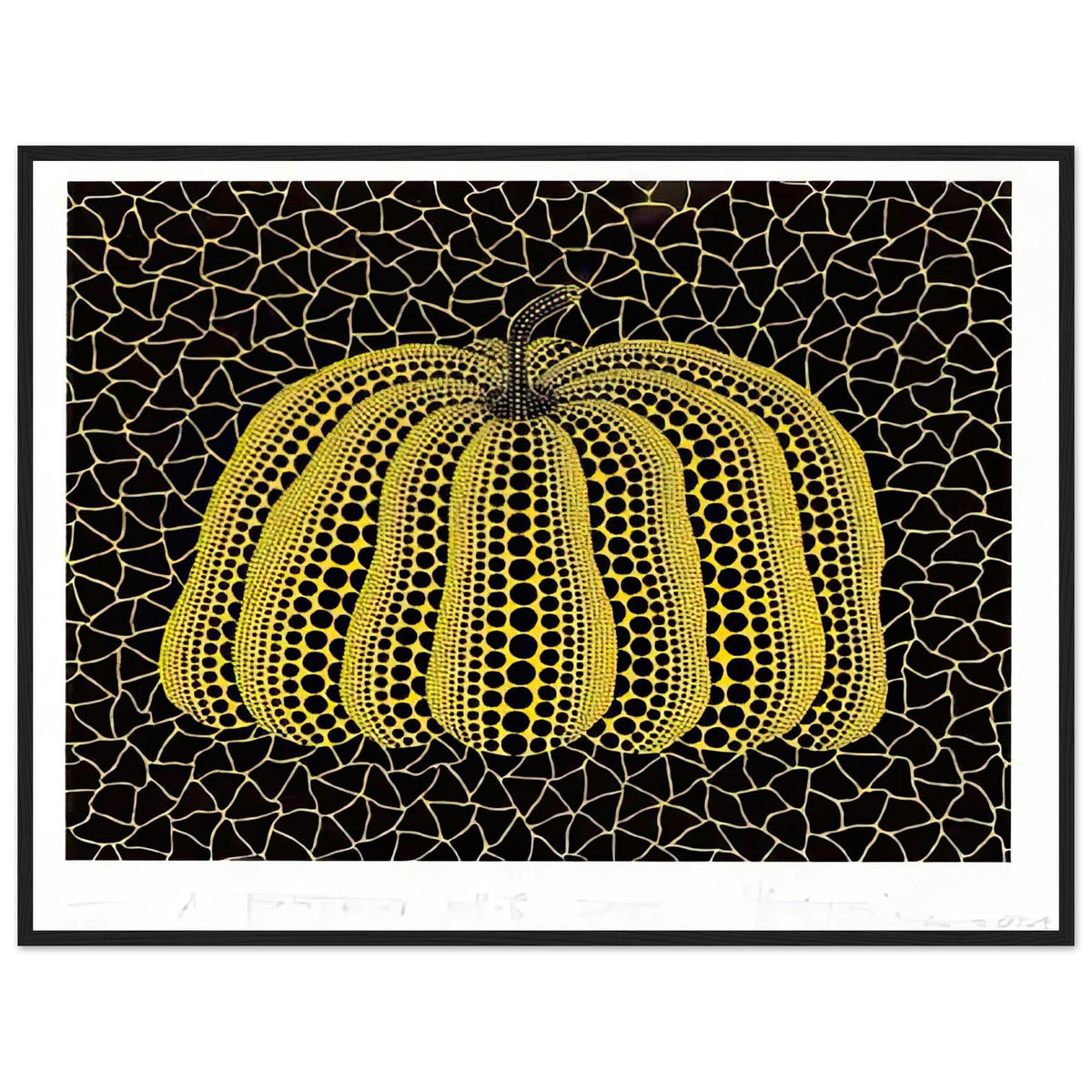 Yayoi Kusama framed print — Pumpkin (YB-B) [Kusama 327] revisits Kusama’s best-known vegetable through the relationship between its distinctive form and repeating ornament, black frame, 60x80 cm / 24x32″