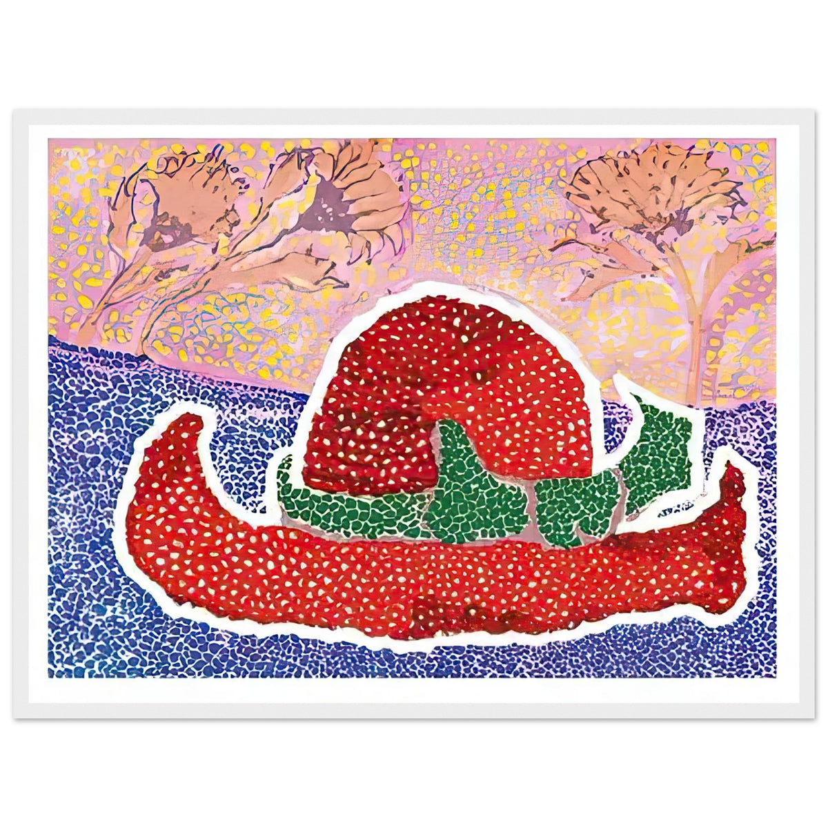 Yayoi Kusama framed print — Hat Left Behind in the Field turns an unattended accessory into a scene with an implied human presence, white frame, 45x60 cm / 18x24″