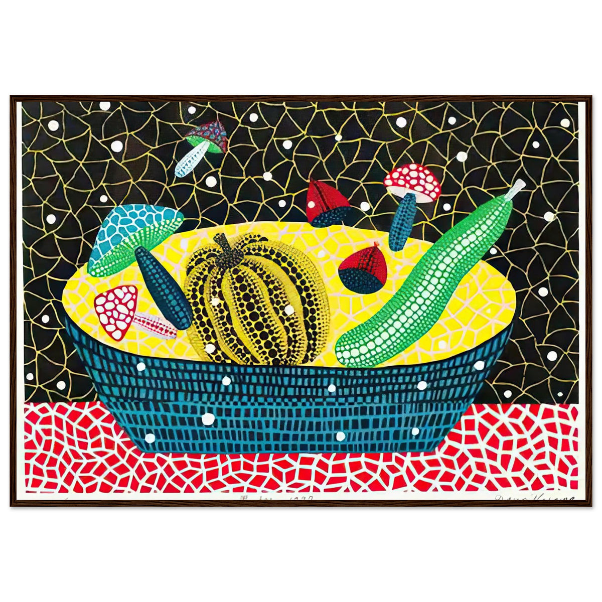 Yayoi Kusama framed print — Fruits (2) turns an arrangement of fruit into a deliberately ornamental still life, dark wood frame, 70x100 cm / 28x40″
