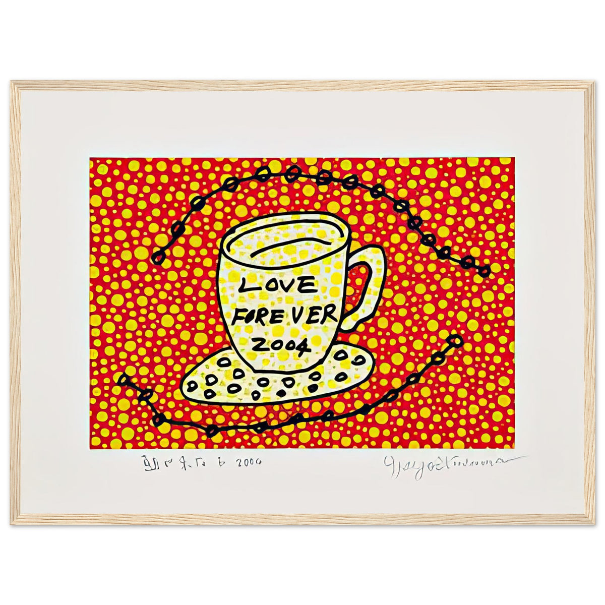 Yayoi Kusama framed print — Morning Is Here (E) joins a series of compact 2004 prints in which the beginning of the day becomes a subject for personal symbols and tightly controlled graphic, wood frame, 45x60 cm / 18x24″