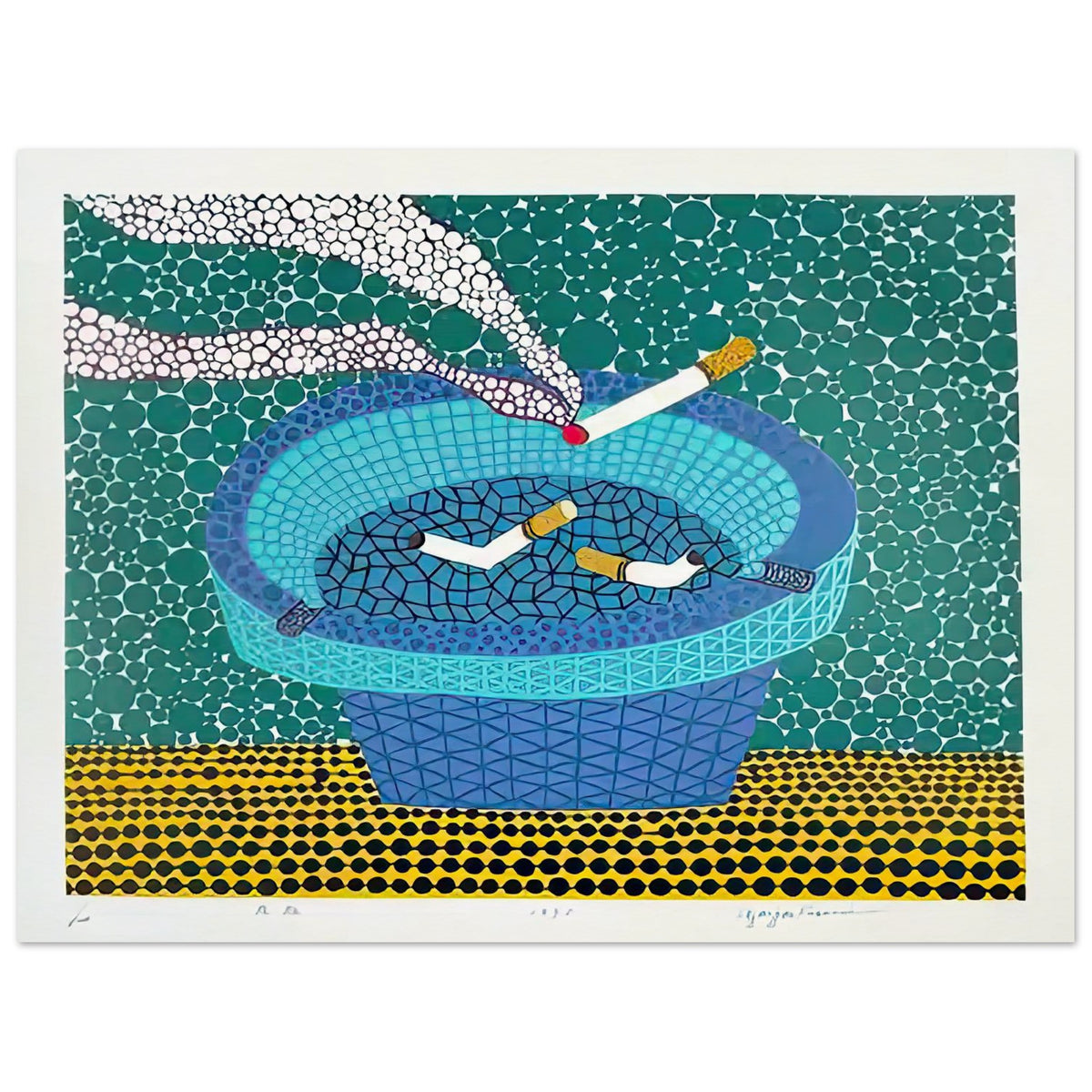 Yayoi Kusama poster — Ashtray (2) returns to the everyday smoking accessory but distinguishes this image as a second listed treatment of the motif, 15x20 cm / 6x8″