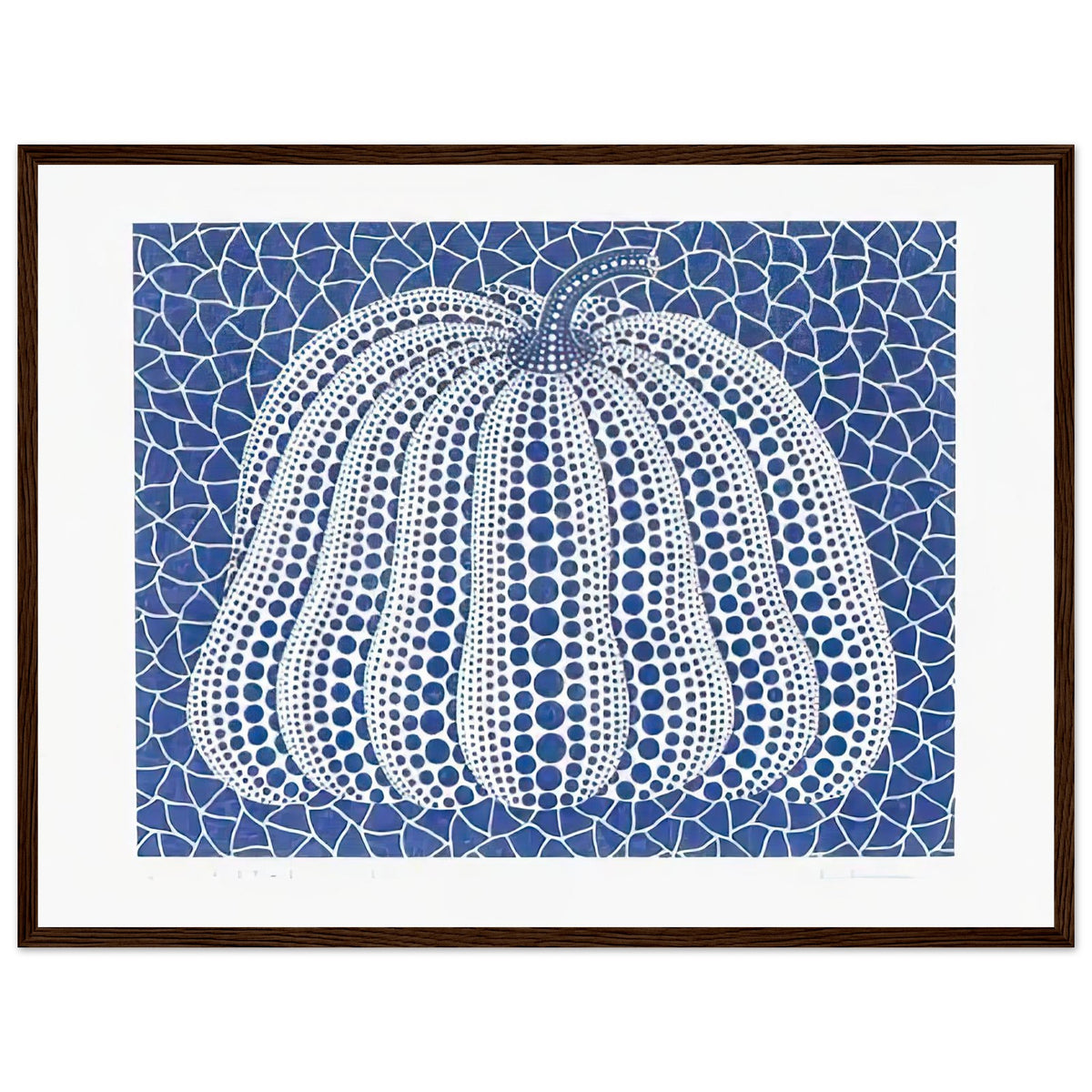 Yayoi Kusama framed print — Pumpkin (Blue, Version 2) presents Kusama’s familiar pumpkin through an explicitly blue variation, dark wood frame, 45x60 cm / 18x24″