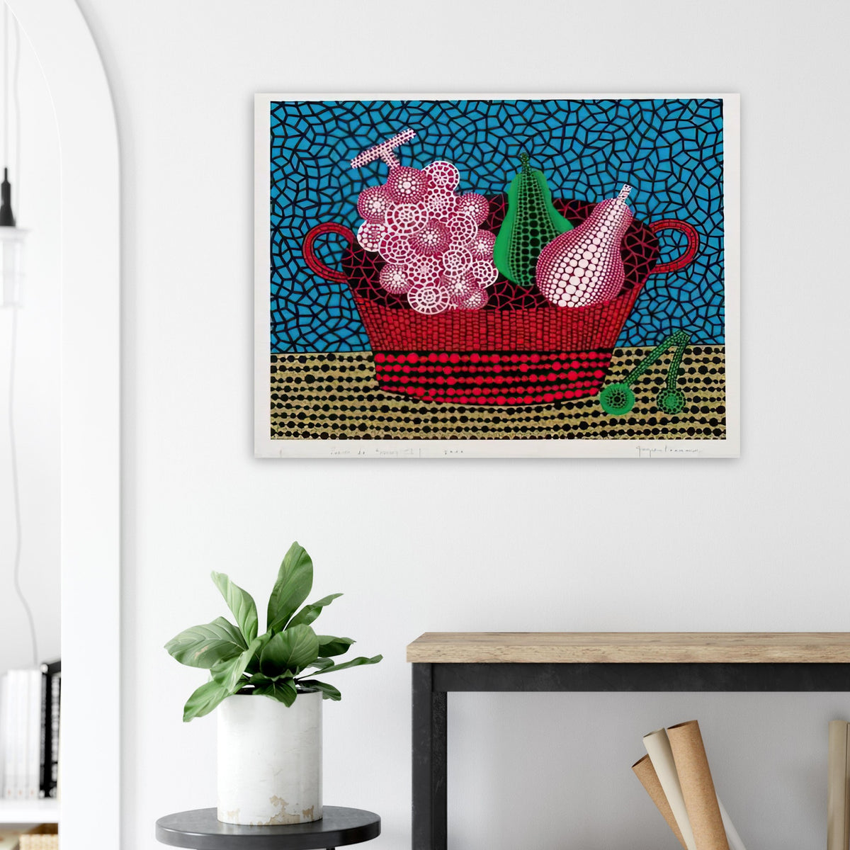 Yayoi Kusama poster — Panier de Fruits II from Amour pour Toujours turns a basket of fruit into a lively decorative still life