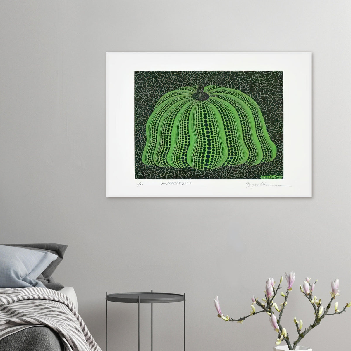 Yayoi Kusama framed print — Pumpkin 2000 (Green) uses a green treatment to reinterpret one of Kusama’s most affectionate subjects