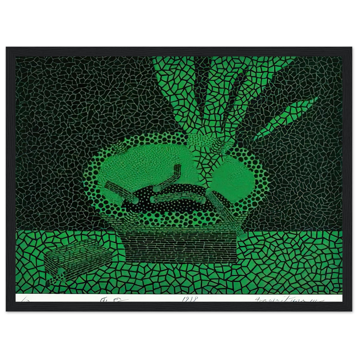 Yayoi Kusama framed print — The familiar outline of an ashtray becomes unexpectedly compelling in this early Kusama still-life subject, black frame, 30x40 cm / 12x16″