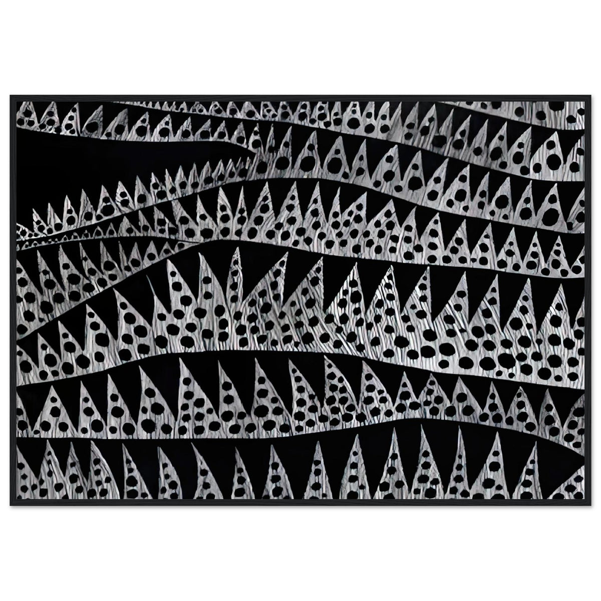 Yayoi Kusama framed print — Waves (TWXZO) approaches the motion of water as a patterned, repeating event, black frame, 70x100 cm / 28x40″