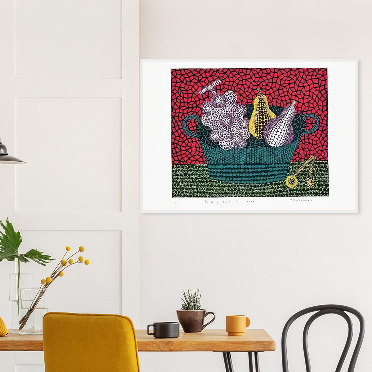 Yayoi Kusama framed print — Panier de Fruits I from Amour pour Toujours turns a basket of fruit into a lively decorative still life