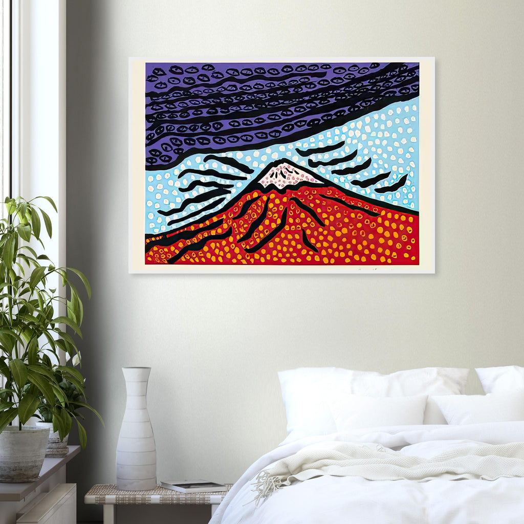 Yayoi Kusama framed print — Mt. Fuji Is the Home of My Heart presents Japan’s most recognizable mountain as a subject of personal belonging rather than simple