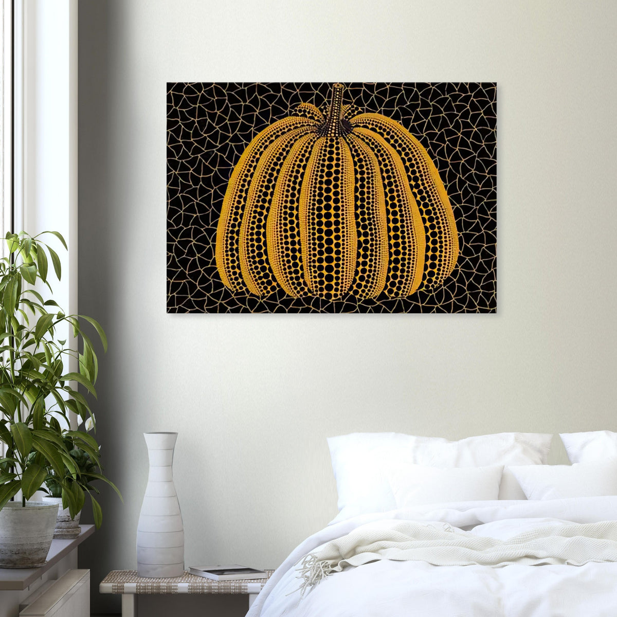 Yayoi Kusama canvas print — Pumpkin (YY) [Kusama 231] revisits Kusama’s best-known vegetable through the relationship between its distinctive form and repeating ornament