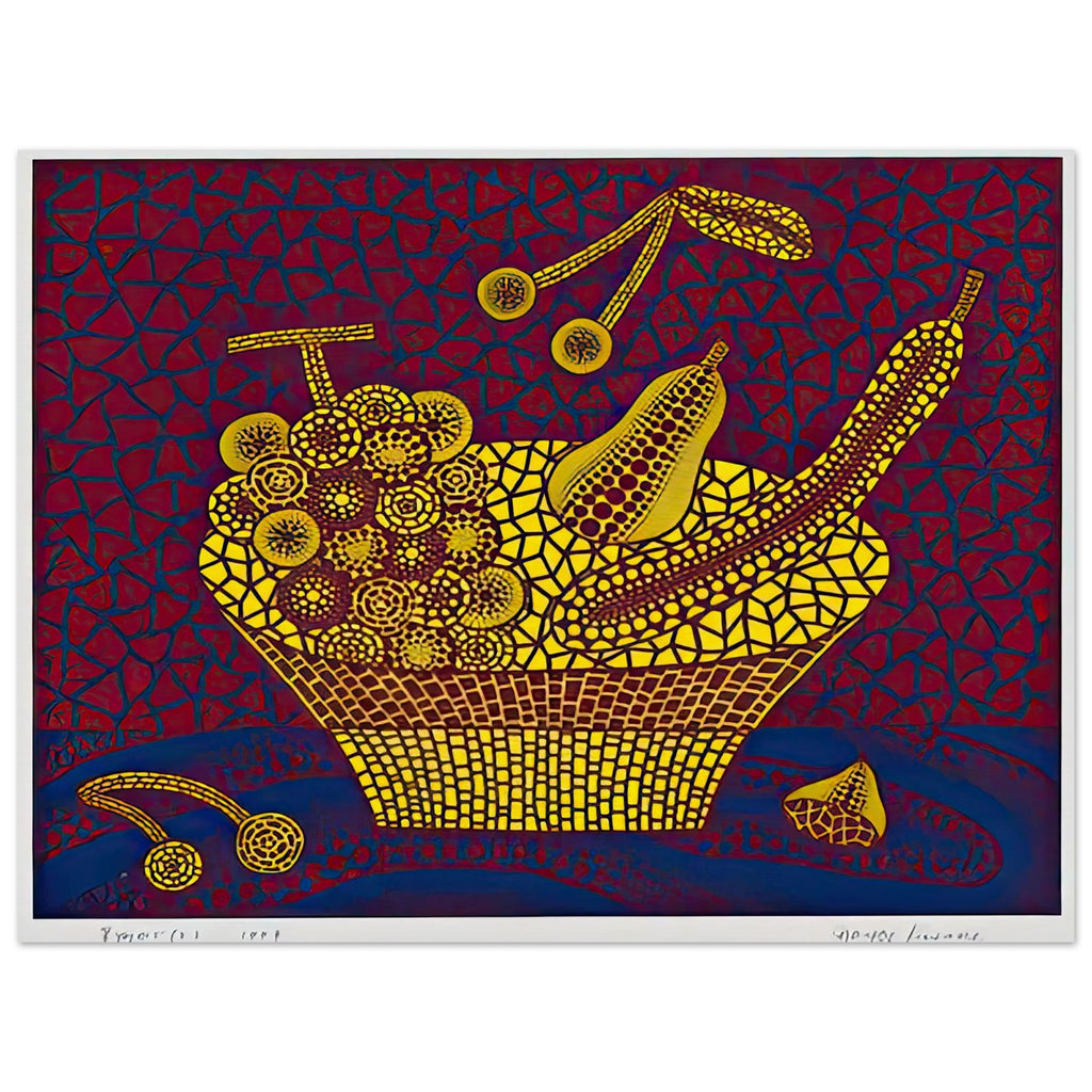 Yayoi Kusama poster — Fruit Basket (2) by Yayoi Kusama explores one of the artist’s recurring subjects: the abundance of ordinary fruit, 15x20 cm / 6x8″