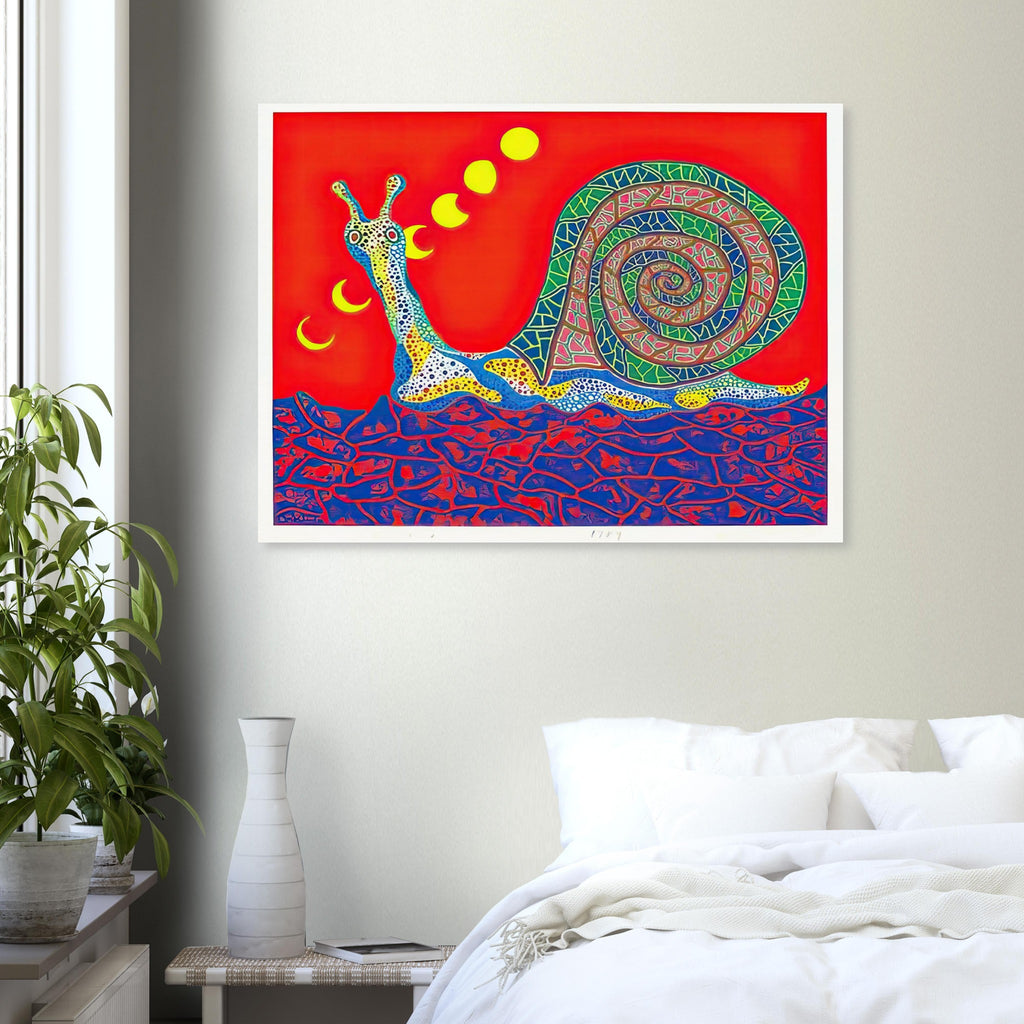 Yayoi Kusama poster — Snail takes a slow-moving creature and makes its spiral shell and delicate movement the center of attention