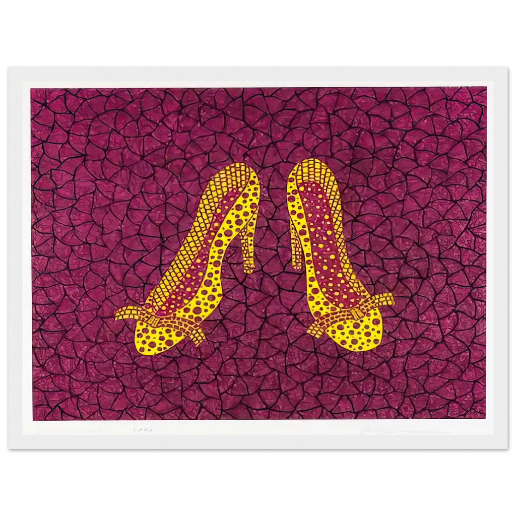 Yayoi Kusama framed print — High Heels (2) makes a fashion accessory the protagonist of a Kusama print, white frame, 30x40 cm / 12x16″