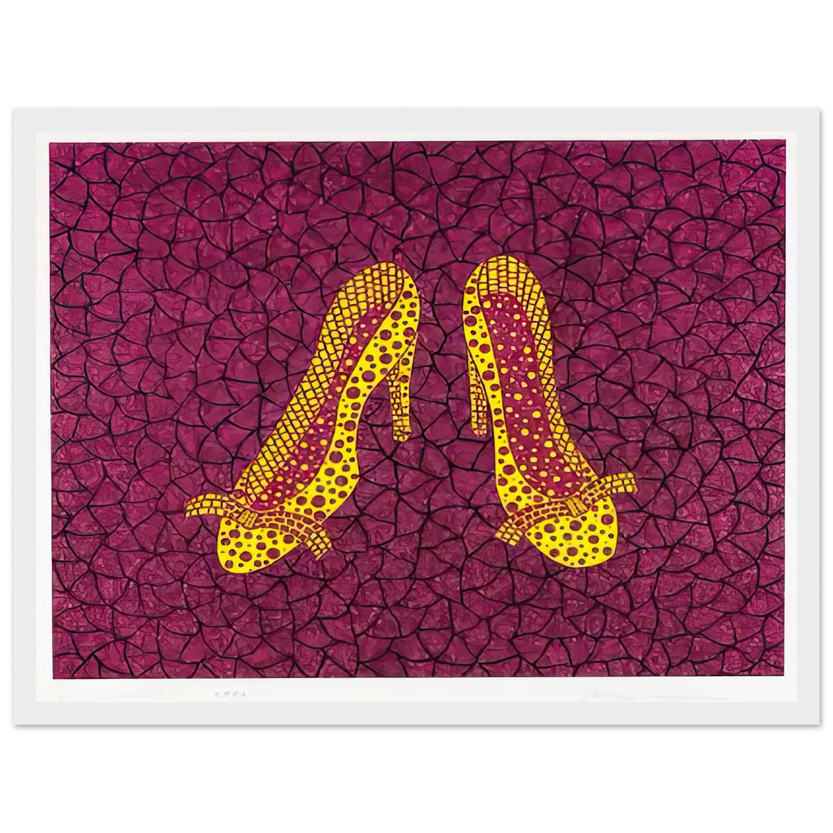Yayoi Kusama framed print — High Heels (2) makes a fashion accessory the protagonist of a Kusama print, white frame, 30x40 cm / 12x16″