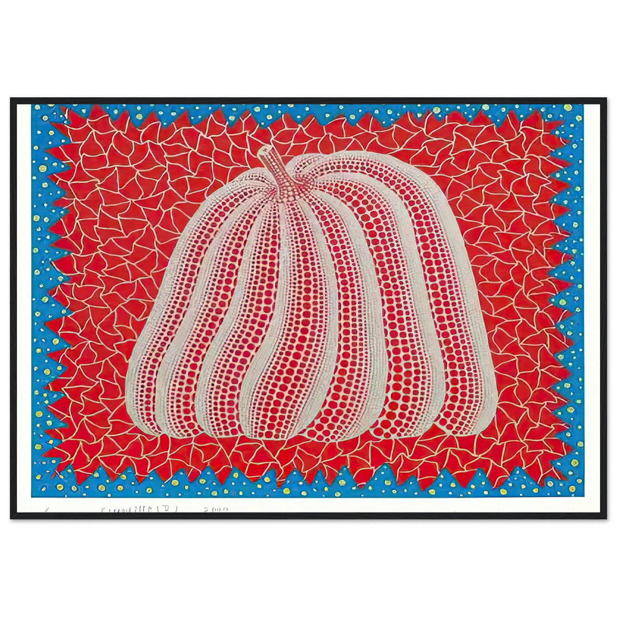 Yayoi Kusama framed print — Citrouille II from Amour pour Toujours gives Kusama’s beloved pumpkin a celebratory role within a portfolio devoted to love, black frame, 70x100 cm / 28x40″