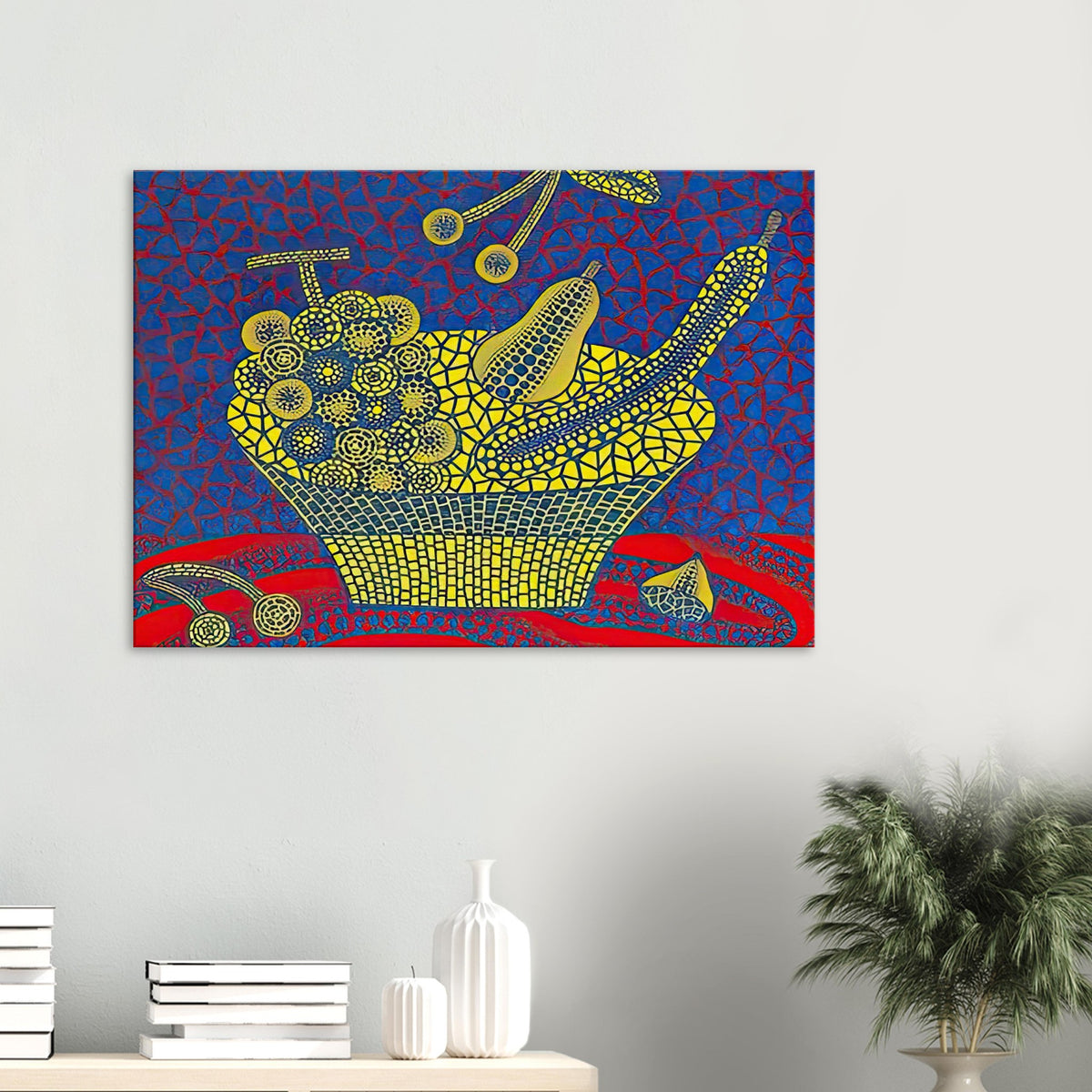 Yayoi Kusama canvas print — Fruit Basket (1) by Yayoi Kusama explores one of the artist’s recurring subjects: the abundance of ordinary fruit