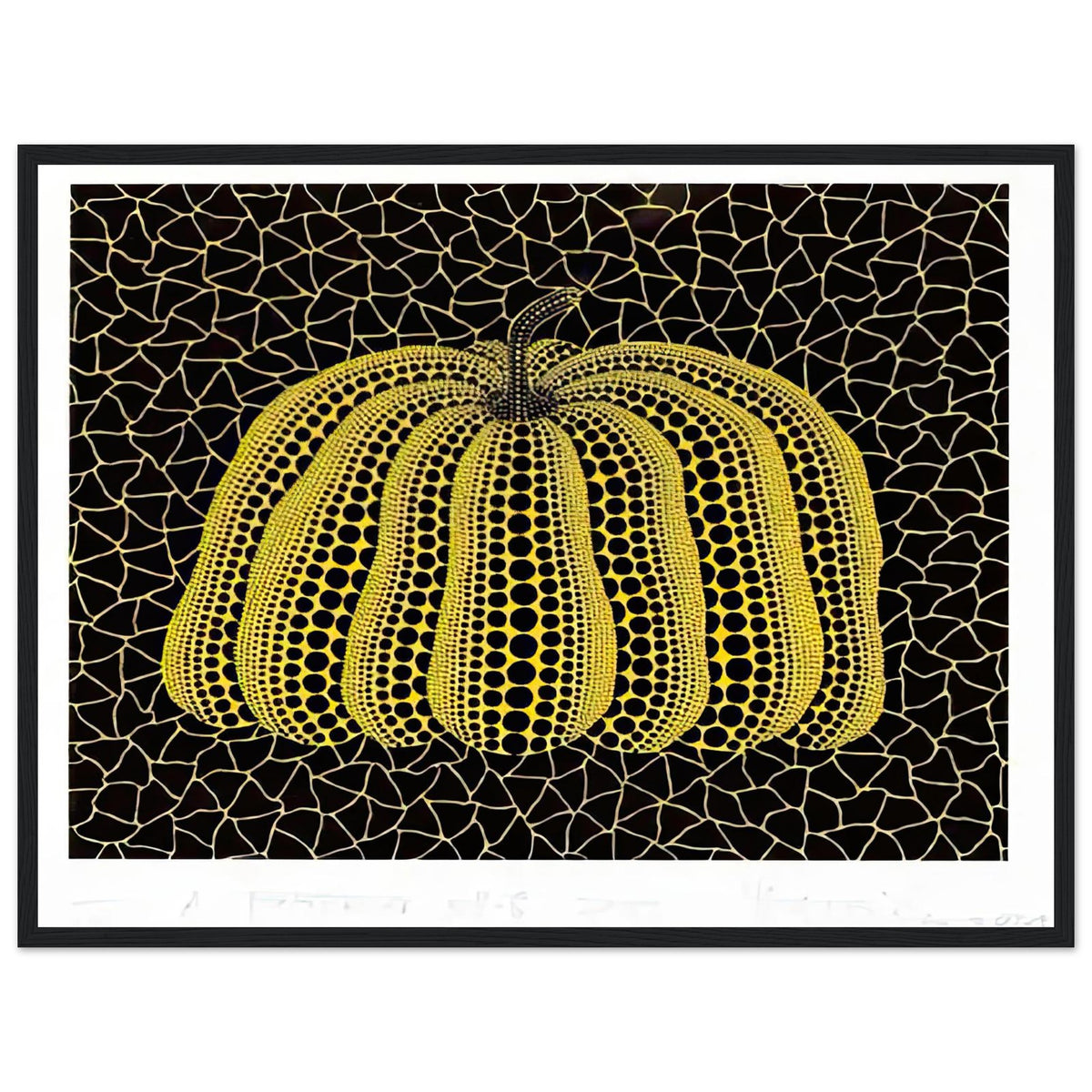 Yayoi Kusama framed print — Pumpkin (YB-B) [Kusama 327] revisits Kusama’s best-known vegetable through the relationship between its distinctive form and repeating ornament, black frame, 45x60 cm / 18x24″