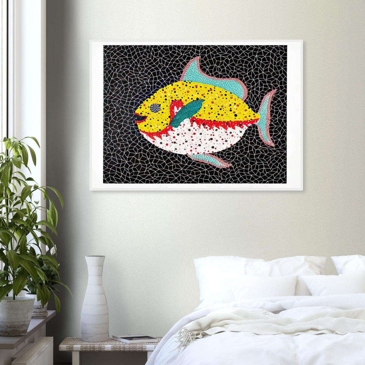 Yayoi Kusama framed print — Fish gives the fish’s streamlined body and sense of underwater movement a graphic role