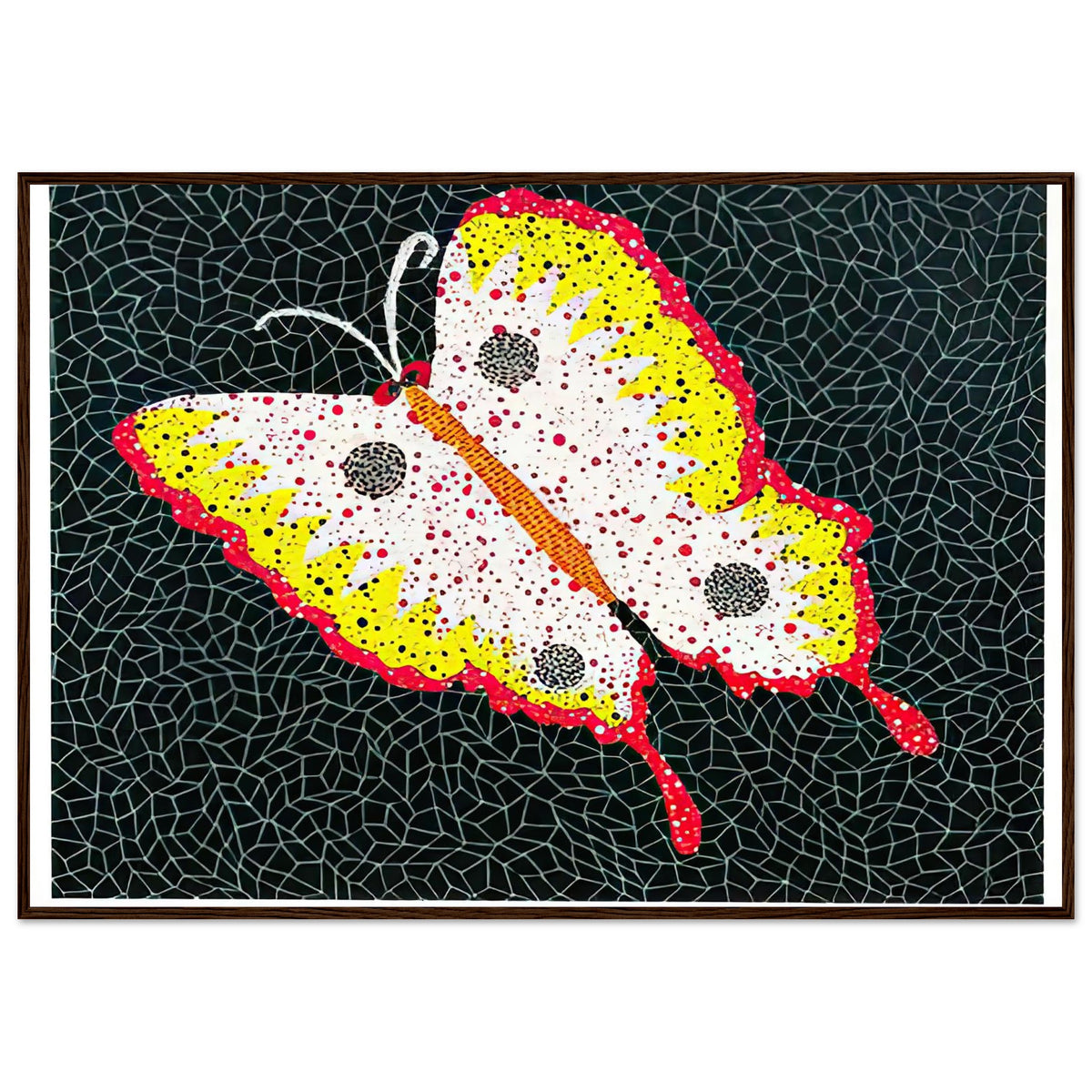 Yayoi Kusama framed print — Butterfly [Kusama 81] by Yayoi Kusama takes the lightness of a butterfly and gives it graphic intensity through pattern, dark wood frame, 70x100 cm / 28x40″
