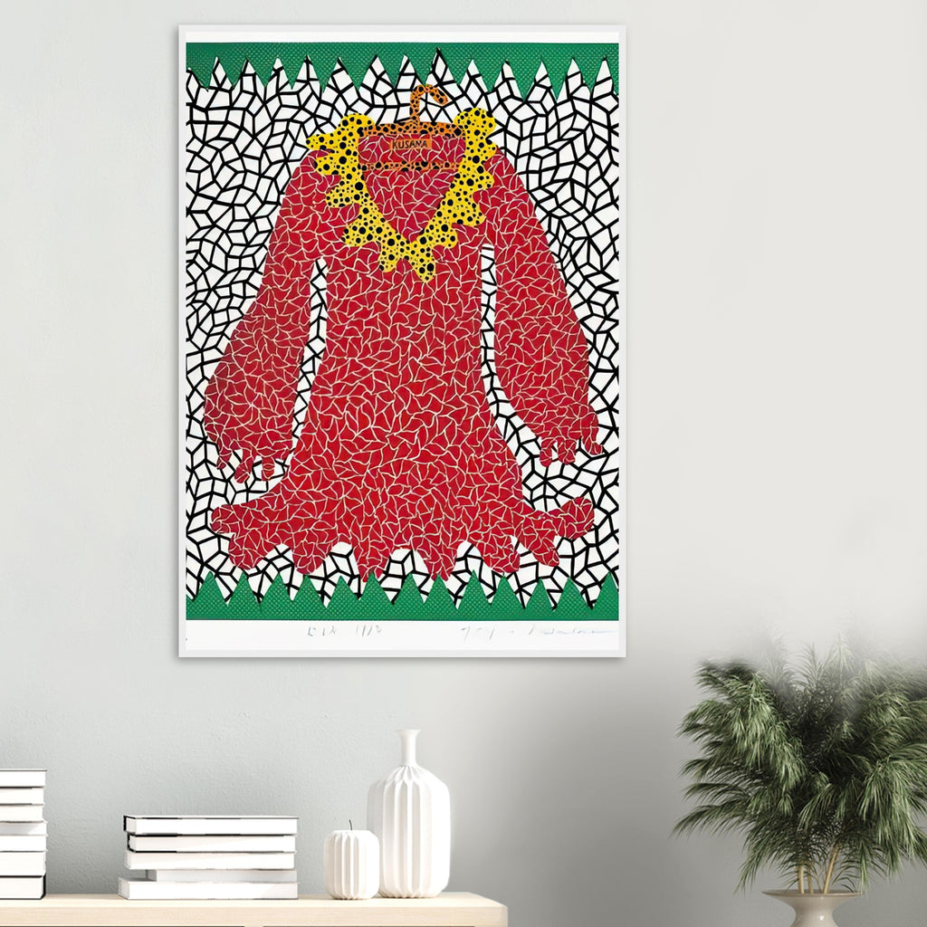 Yayoi Kusama framed print — This second numbered Dress design returns to the garment as a graphic form, shifting attention from who might wear it to the design’s shape and surface