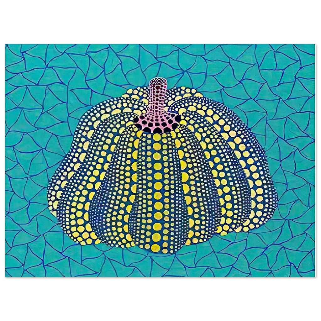 Yayoi Kusama poster — Pumpkin (OG) [Kusama 156] revisits Kusama’s best-known vegetable through the relationship between its distinctive form and repeating ornament, 15x20 cm / 6x8″