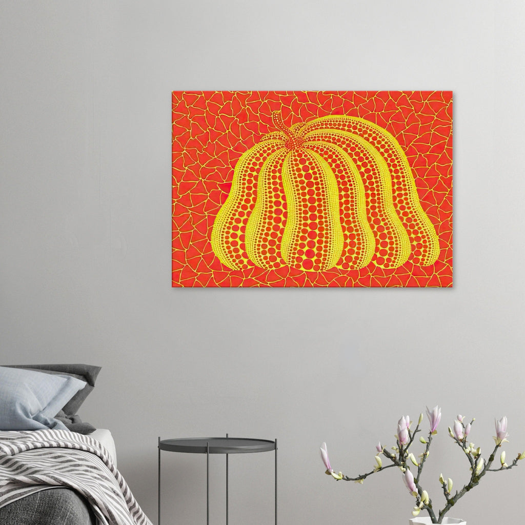 Yayoi Kusama canvas print — Pumpkin (YOR-A) [Kusama 326] revisits Kusama’s best-known vegetable through the relationship between its distinctive form and repeating ornament