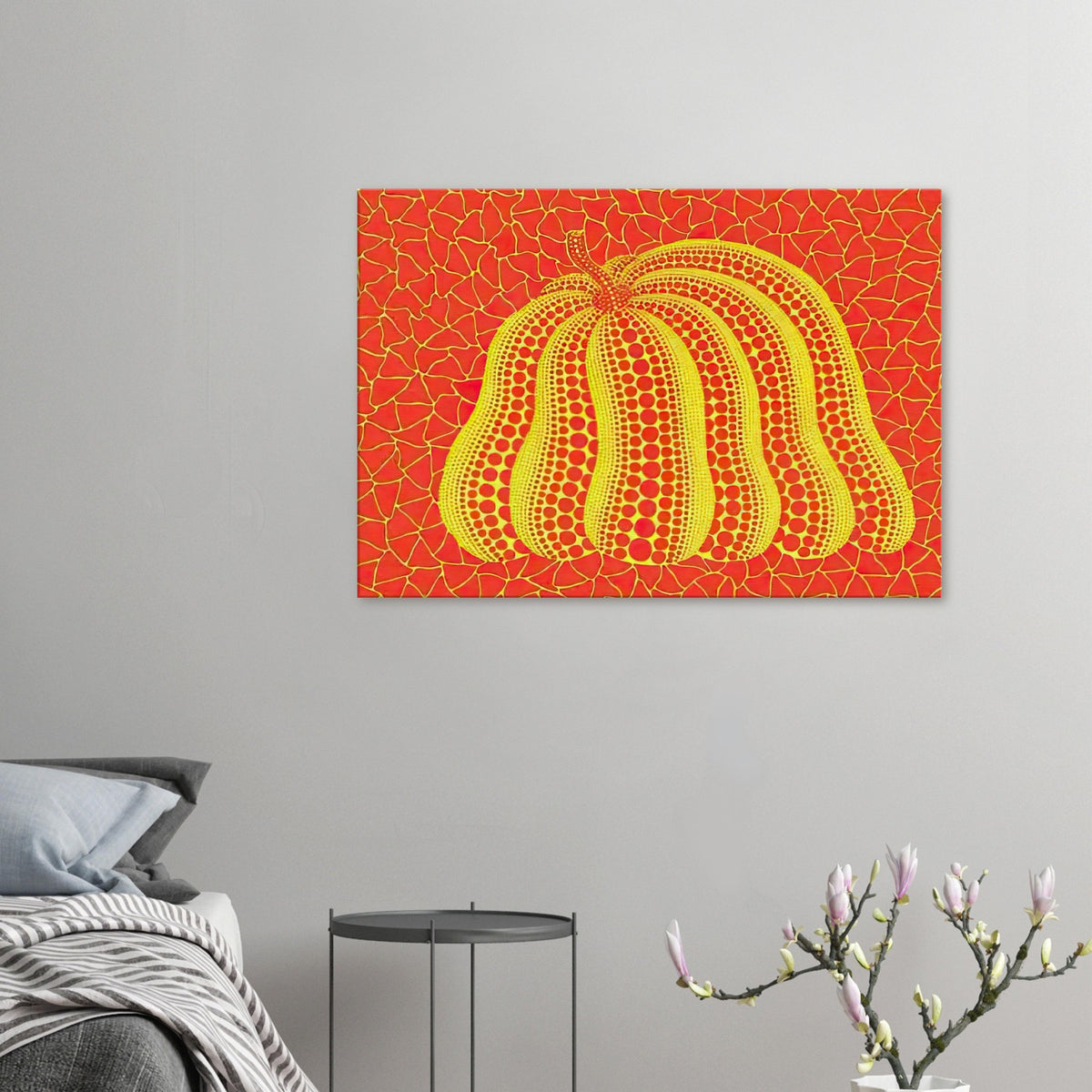 Yayoi Kusama canvas print — Pumpkin (YOR-A) [Kusama 326] revisits Kusama’s best-known vegetable through the relationship between its distinctive form and repeating ornament
