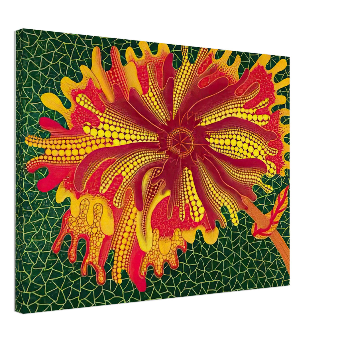 Yayoi Kusama canvas print — Flower (A) treats a single flowering motif as a complete visual world, 45x60 cm / 18x24″