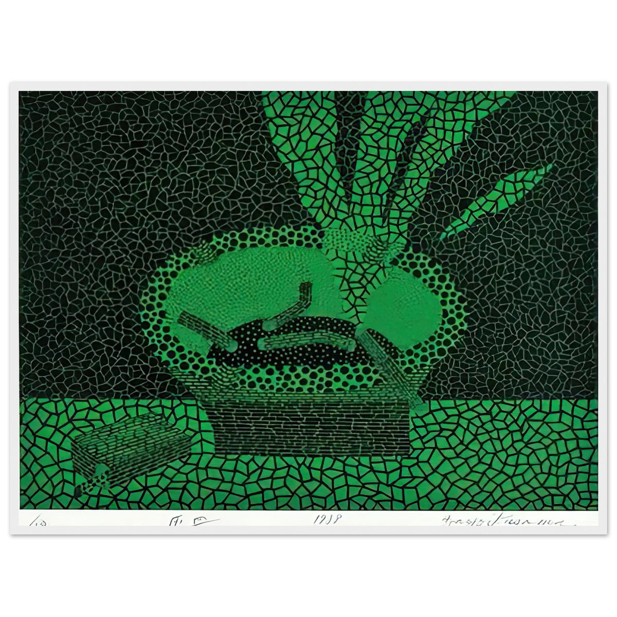Yayoi Kusama framed print — The familiar outline of an ashtray becomes unexpectedly compelling in this early Kusama still-life subject, white frame, 60x80 cm / 24x32″