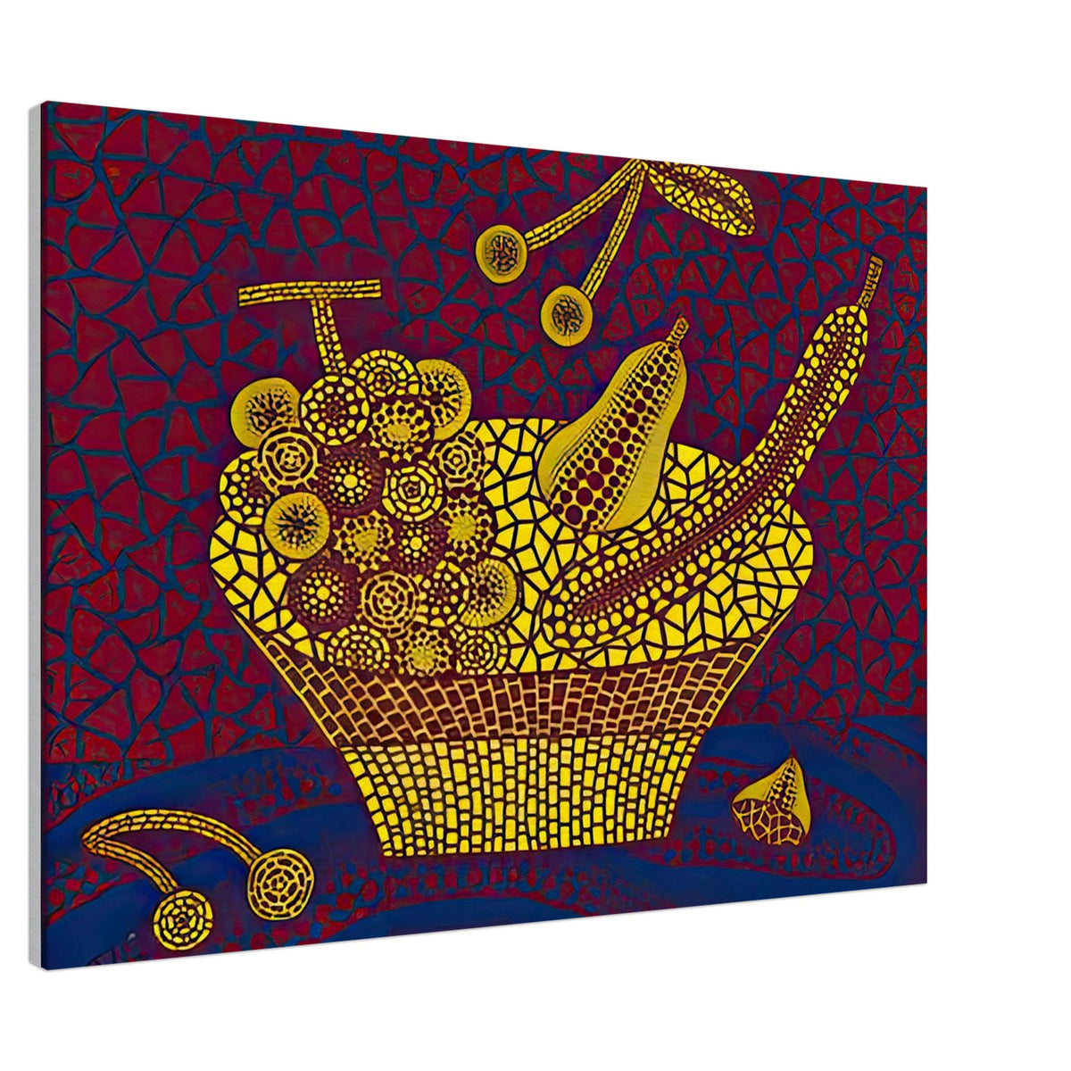 Yayoi Kusama canvas print — Fruit Basket (2) by Yayoi Kusama explores one of the artist’s recurring subjects: the abundance of ordinary fruit, 70x100 cm / 28x40″