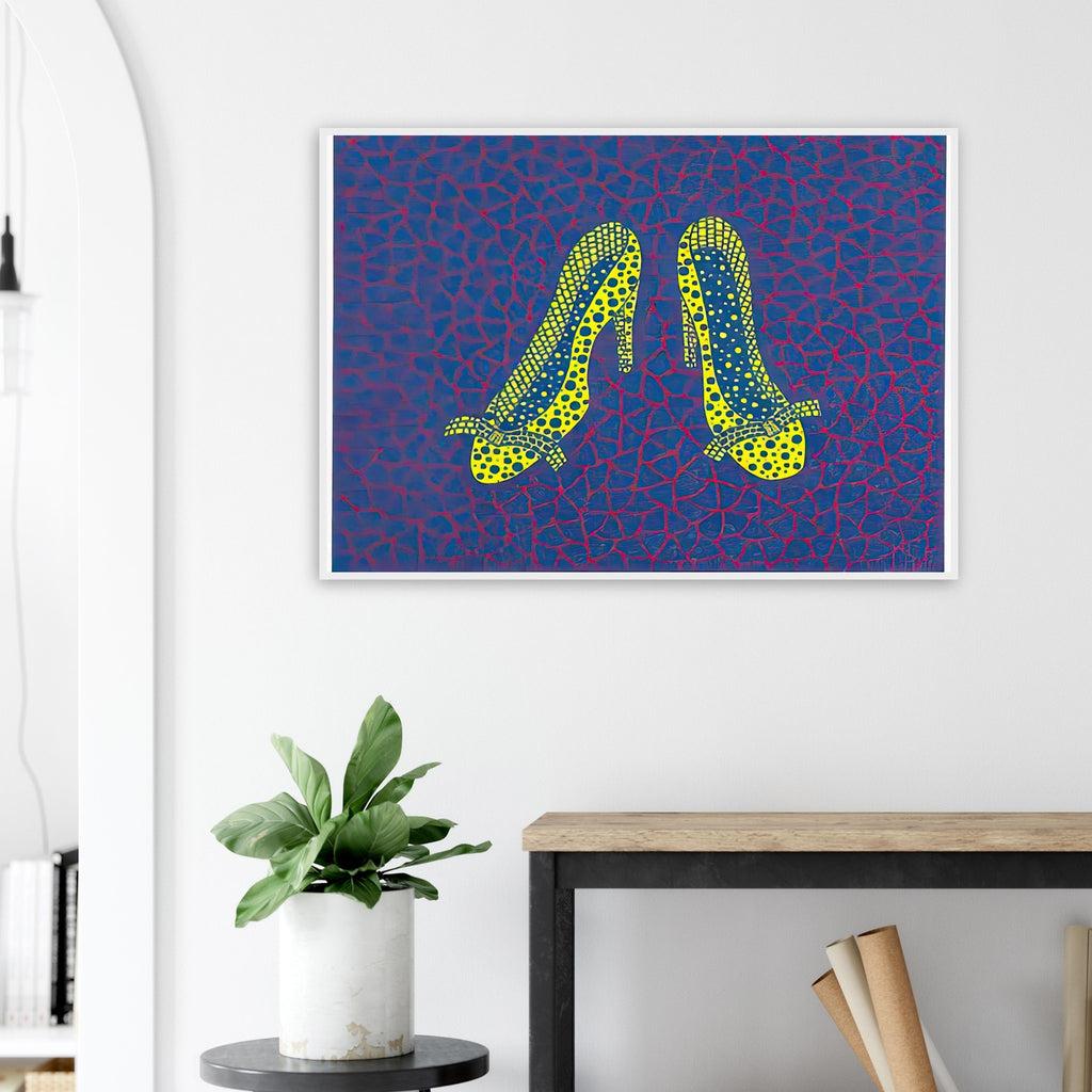 Yayoi Kusama framed print of High Heels (4) — high Heels (4) makes a fashion accessory the protagonist of a Kusama print. The shoe’s recognizable sculptural profile becomes an invitation to think about style, performance and the surprising visual life