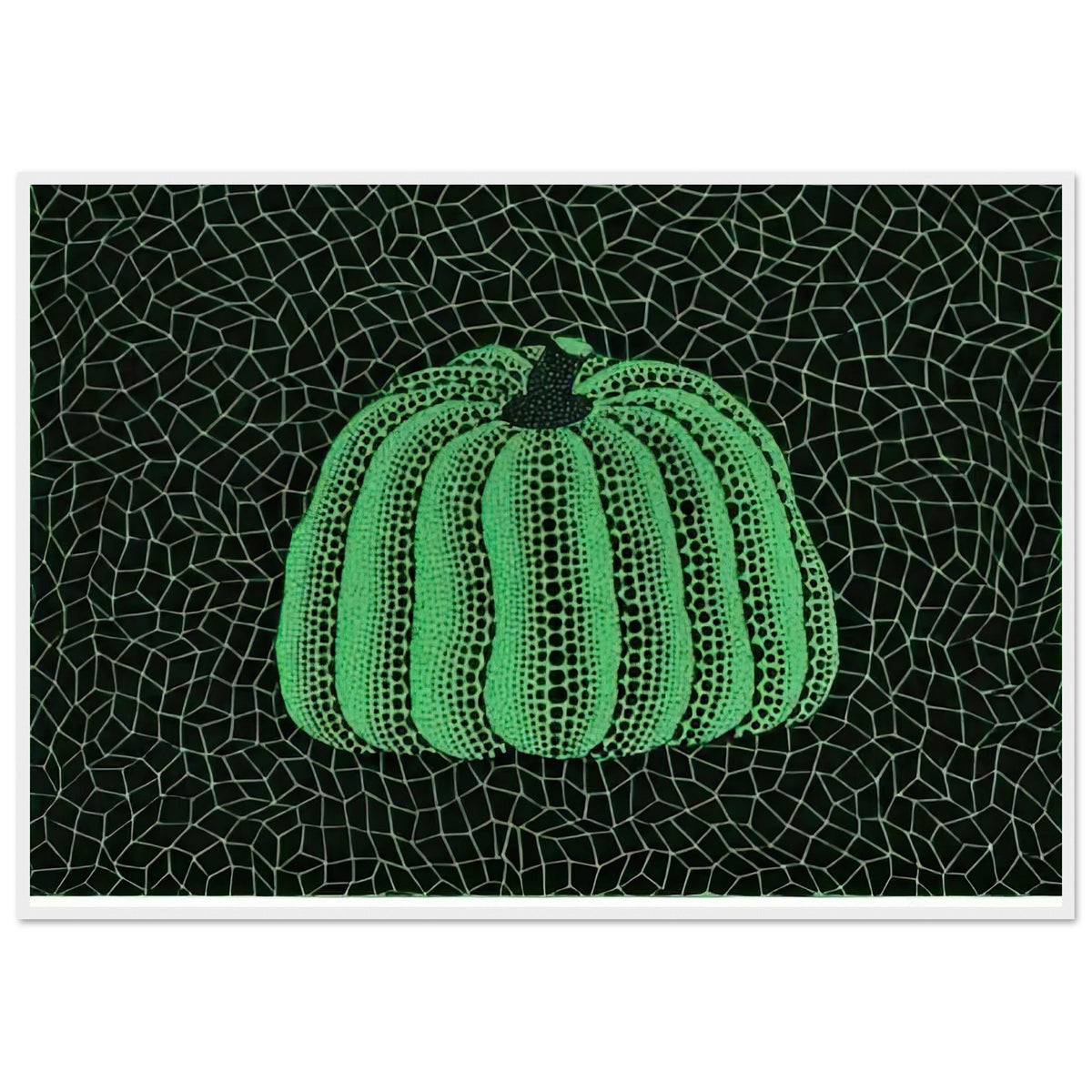Yayoi Kusama framed print — Pumpkin (Green, Version 2) presents Kusama’s familiar pumpkin through an explicitly green variation, white frame, 70x100 cm / 28x40″