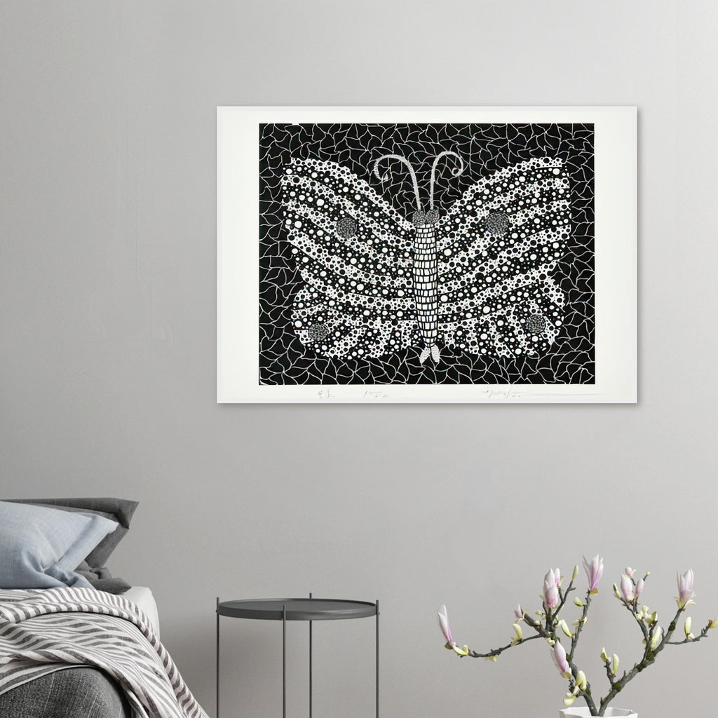 Yayoi Kusama framed print — Butterfly [Kusama 18] by Yayoi Kusama takes the lightness of a butterfly and gives it graphic intensity through pattern
