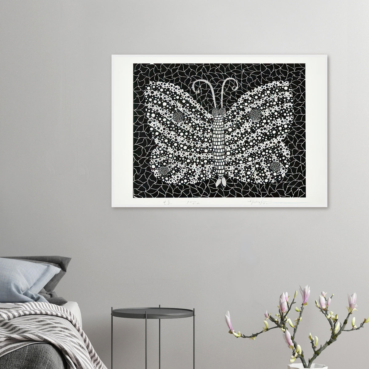 Yayoi Kusama framed print — Butterfly [Kusama 18] by Yayoi Kusama takes the lightness of a butterfly and gives it graphic intensity through pattern