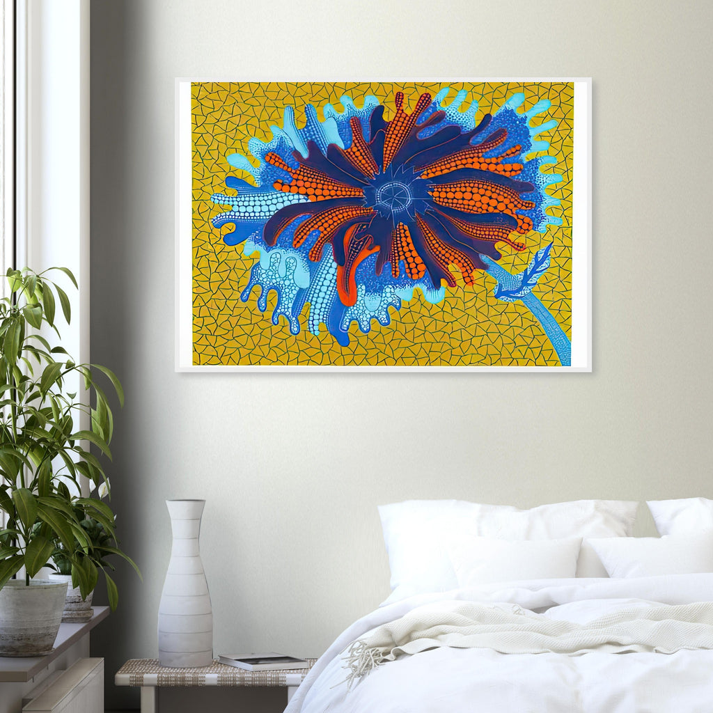 Yayoi Kusama framed print — Flower (B) treats a single flowering motif as a complete visual world